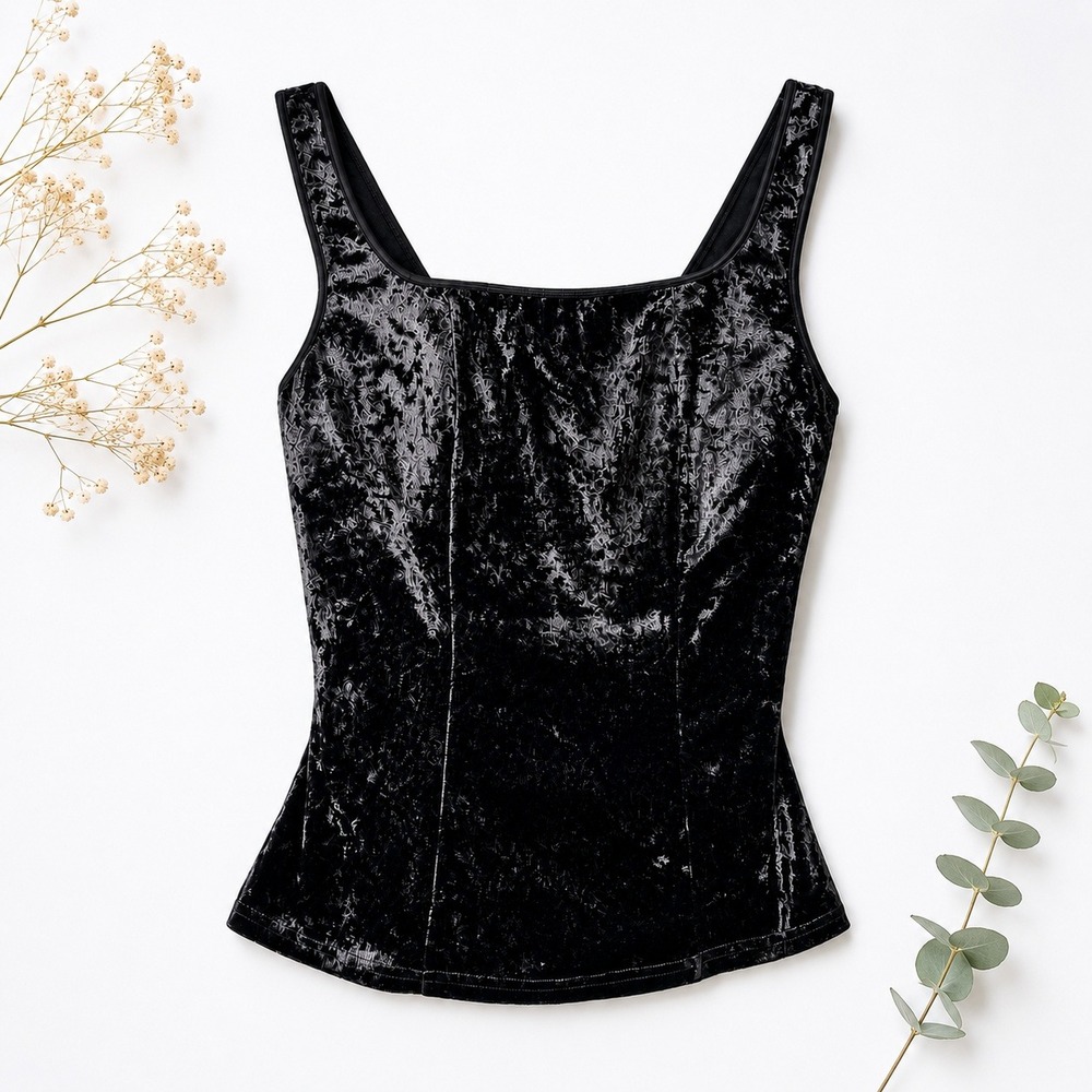 Shear Shapewear Tank Top XS Black Crushed Velvet Built-in Bra 90s Goth